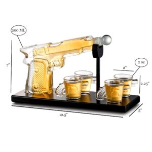 Bezrat Whiskey Gun Decanter Set with 4 Gun Shaped Shot Glasses on on Mahogany Tray - Old Fashioned Bourbon Liquor Drinks Rocks Glasses Dispenser Set, Gift Box