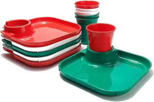 great plate reusable plastic plates for parties with built-in cup holder - set of 6 party plates and cups for kids or adults for tailgating bbq camping picnics (red, white and green, square)