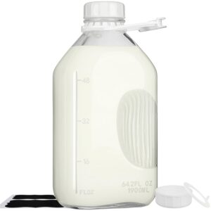 2 qt glass milk bottle with reusable strong airtight screw lid, 64 oz glass juice bottles for almond milk, oat milk - 0.5 gal glass water bottle with 2 exact scale lines, extra handle and cap！