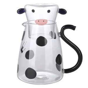 cow glass water pitcher with glass cup, cute cow glass carafe set with glass mug cow glass tea pitcher kettle milk jug water carafe for midnight drink (550ml)