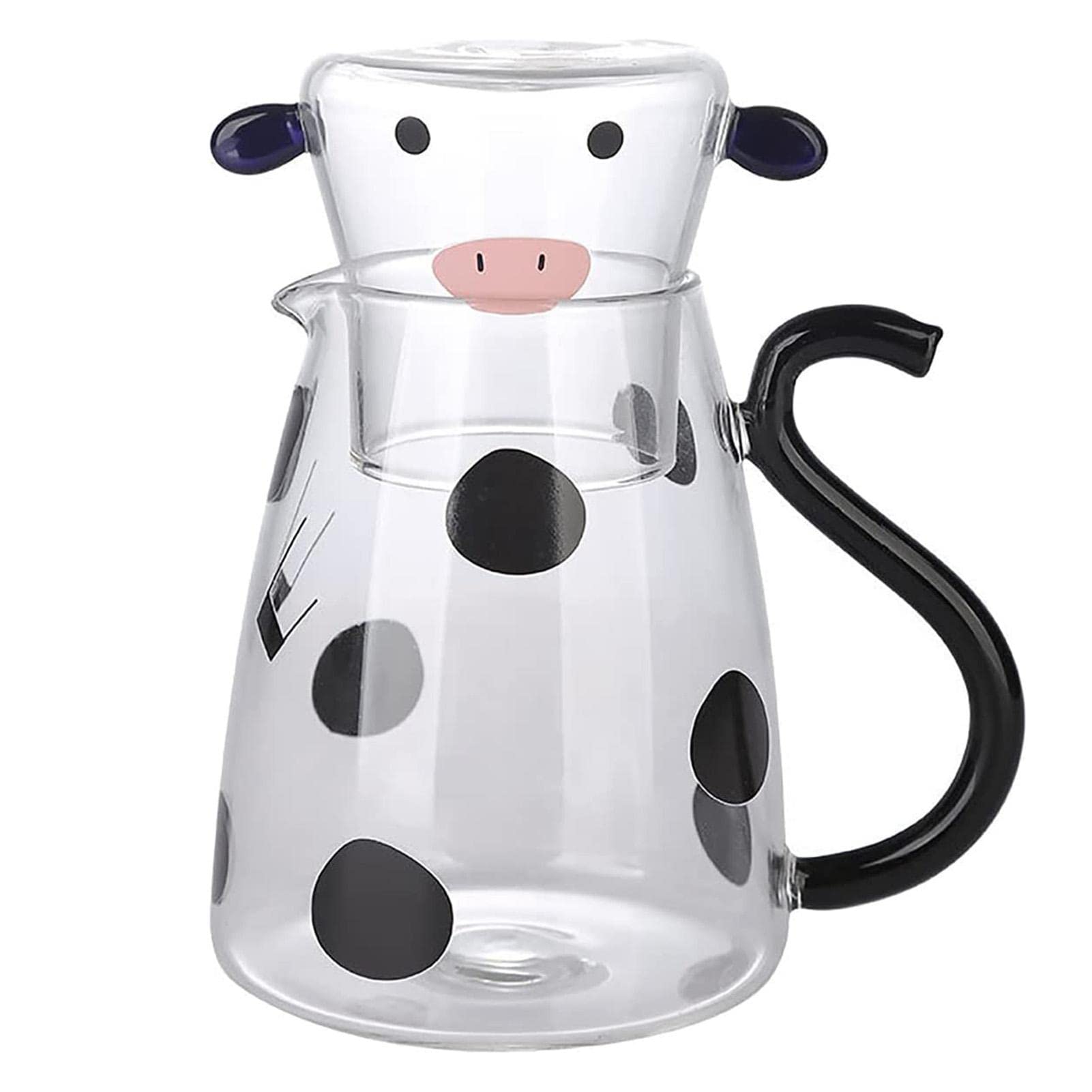 Cow Glass Water Pitcher With Glass Cup, Cute Cow Glass Carafe Set With Glass Mug Cow Glass Tea Pitcher Kettle Milk Jug Water Carafe For Midnight Drink (550ml)