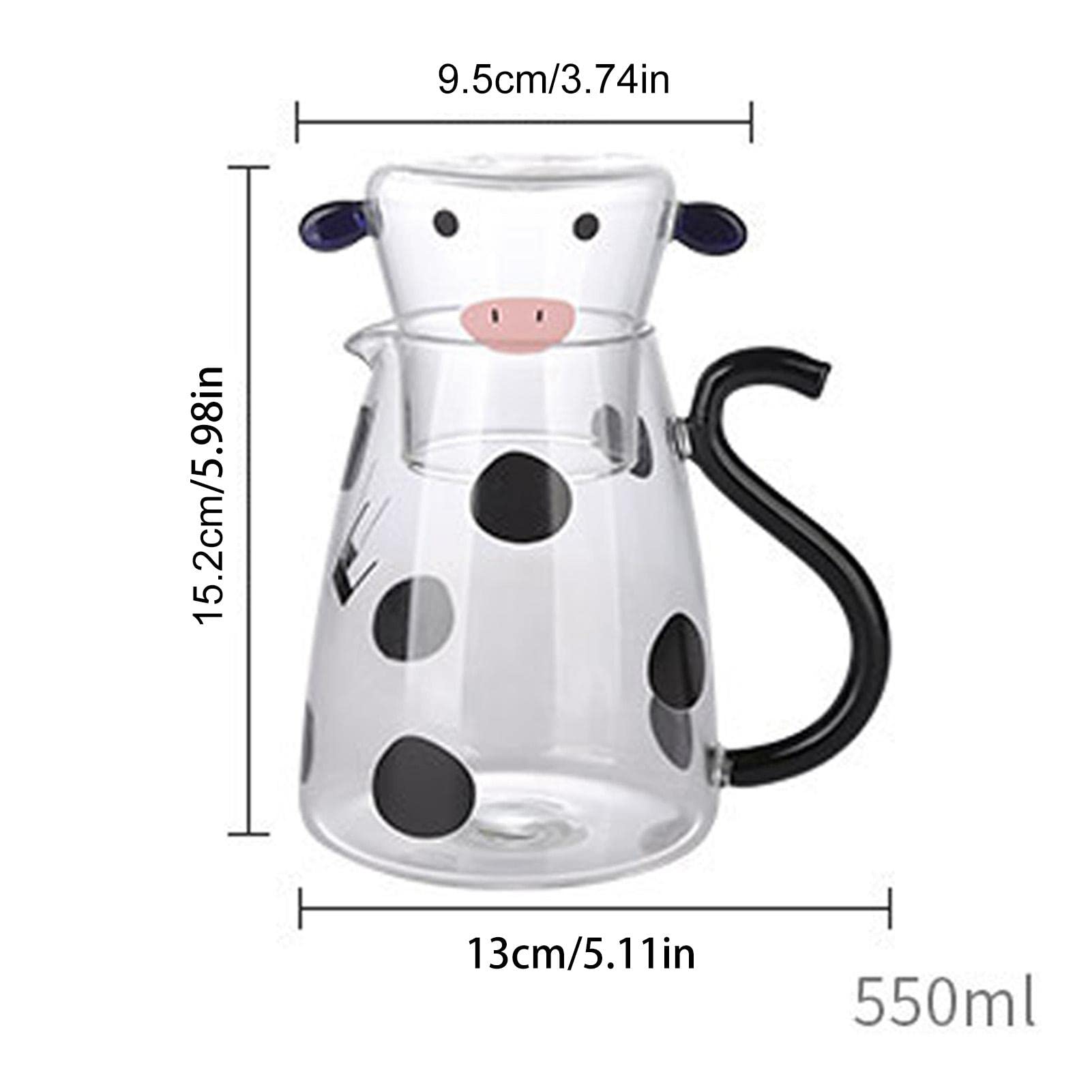 Cow Glass Water Pitcher With Glass Cup, Cute Cow Glass Carafe Set With Glass Mug Cow Glass Tea Pitcher Kettle Milk Jug Water Carafe For Midnight Drink (550ml)