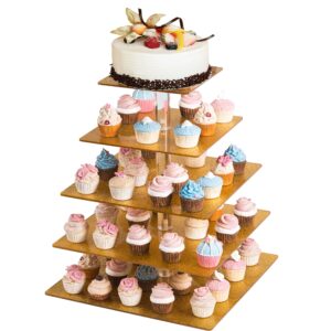 blbyho 5 tier gold cupcake stand, acrylic cup cake tower display dessert stand, square cake and cupcake stand combo set for dessert table bases para cupcakes, good for party, wedding, christmas