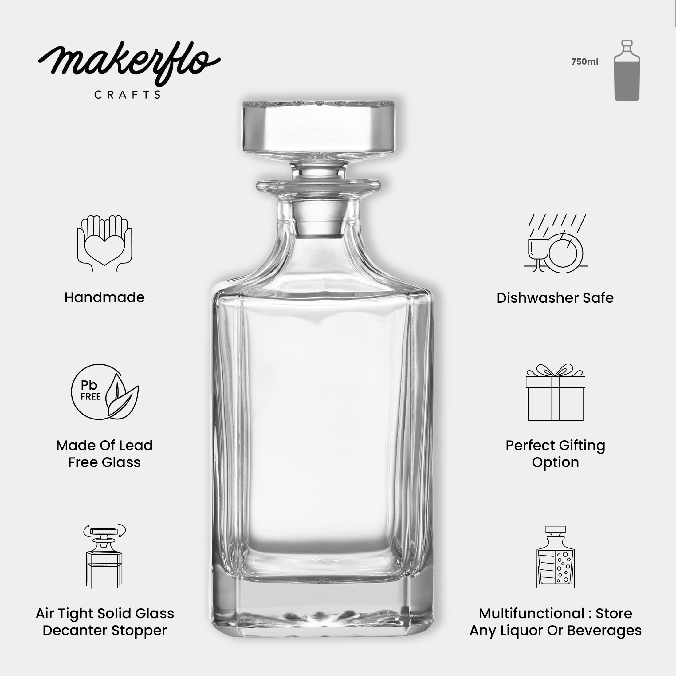 Makerflo Customizable Whiskey Decanter - 750ml Glass Alcohol Decanter with Airtight Bottle Stopper - Ideal Personalized Gift for All Occasions - Clear (1 Piece) - Suitable for engraving.