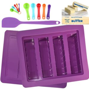 silicone butter mold set purple - holds 8 tablespoons, 4oz standard butter stick size, large cavity butter maker, non-stick butter tray & spatula, measuring spoons, ideal for herb butter, brownie cake