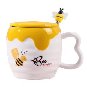 Mozacona Embossed Ceramic Honey Jar Coffee Mug with Lid and Bee Spoon