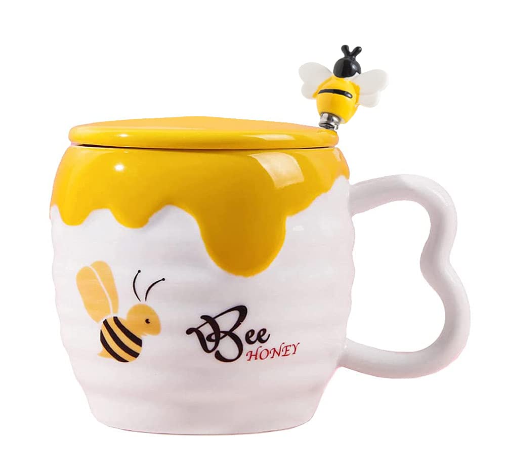 Mozacona Embossed Ceramic Honey Jar Coffee Mug with Lid and Bee Spoon