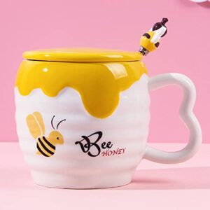 Mozacona Embossed Ceramic Honey Jar Coffee Mug with Lid and Bee Spoon