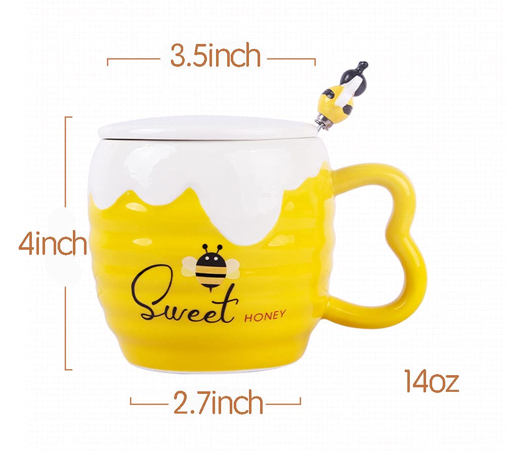 Mozacona Embossed Ceramic Honey Jar Coffee Mug with Lid and Bee Spoon