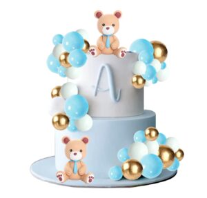 bear cake toppers with blue gold white cake topper mini balloons, for baby shower gender reveal party birthday party bear theme party supplies (blue)