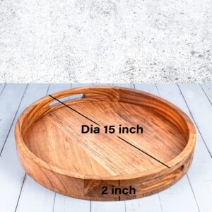 round serving tray in acacia wood with handles for easy handling, beautiful wooden tray for multiple uses (15" x 15" x 2")