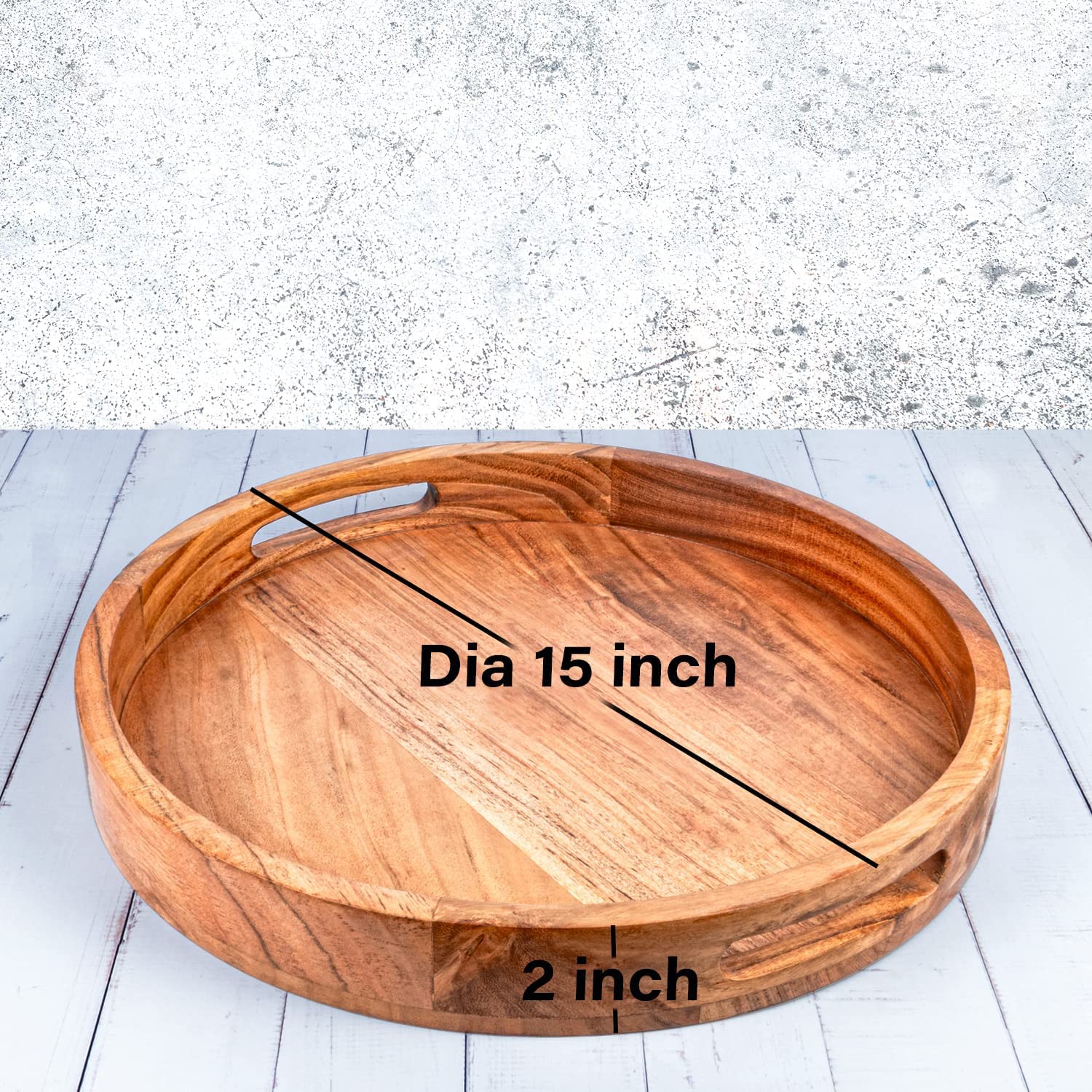 Round Serving Tray in Acacia Wood with Handles for Easy Handling, Beautiful Wooden Tray for Multiple uses (15" x 15" x 2")