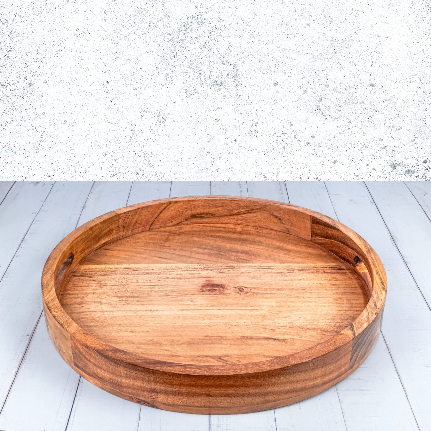 Round Serving Tray in Acacia Wood with Handles for Easy Handling, Beautiful Wooden Tray for Multiple uses (15" x 15" x 2")