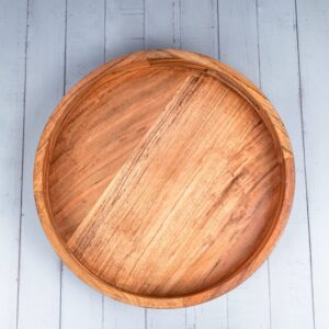 Round Serving Tray in Acacia Wood with Handles for Easy Handling, Beautiful Wooden Tray for Multiple uses (15" x 15" x 2")