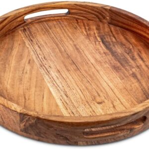 Round Serving Tray in Acacia Wood with Handles for Easy Handling, Beautiful Wooden Tray for Multiple uses (15" x 15" x 2")