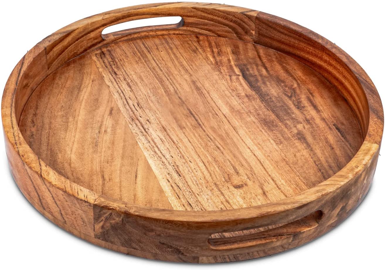 Round Serving Tray in Acacia Wood with Handles for Easy Handling, Beautiful Wooden Tray for Multiple uses (15" x 15" x 2")