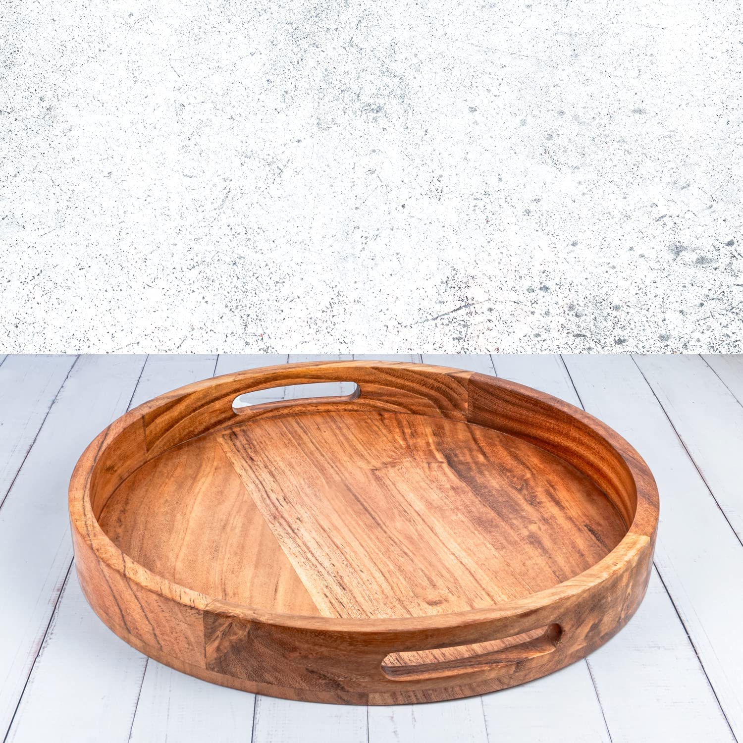 Round Serving Tray in Acacia Wood with Handles for Easy Handling, Beautiful Wooden Tray for Multiple uses (15" x 15" x 2")