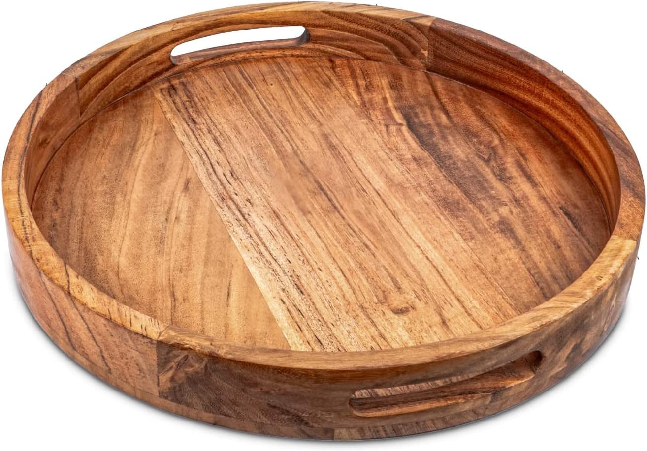 Round Serving Tray in Acacia Wood with Handles for Easy Handling, Beautiful Wooden Tray for Multiple uses (15" x 15" x 2")