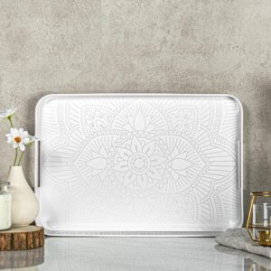 bzyoo melamine gallery tray -11.5in x 16inch large rectangle serving tray with handle for entertaining, ottoman and kitchen counter decor, decorative home coffee table tray or vanity tray - white