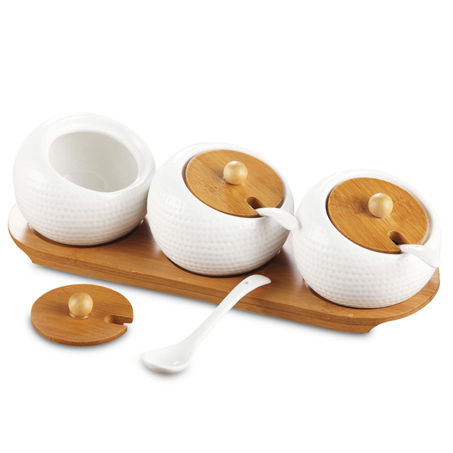 MIATTCLD 3 Pcs Porcelain Condiment Jar Set, Spice Jars with Bamboo Cap and Ceramic Serving Spoon, Wooden Tray, Used to Store Sugar, Spices, Coffee, Tea, 170 ML (5.8 OZ)