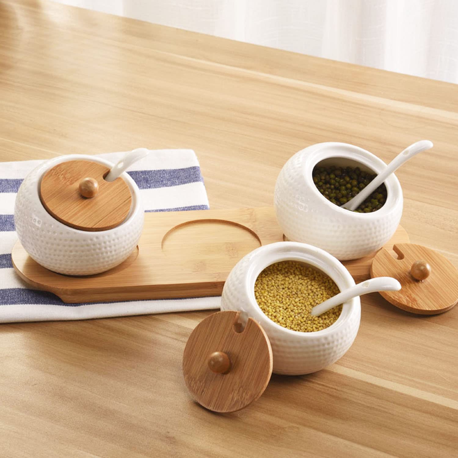 MIATTCLD 3 Pcs Porcelain Condiment Jar Set, Spice Jars with Bamboo Cap and Ceramic Serving Spoon, Wooden Tray, Used to Store Sugar, Spices, Coffee, Tea, 170 ML (5.8 OZ)