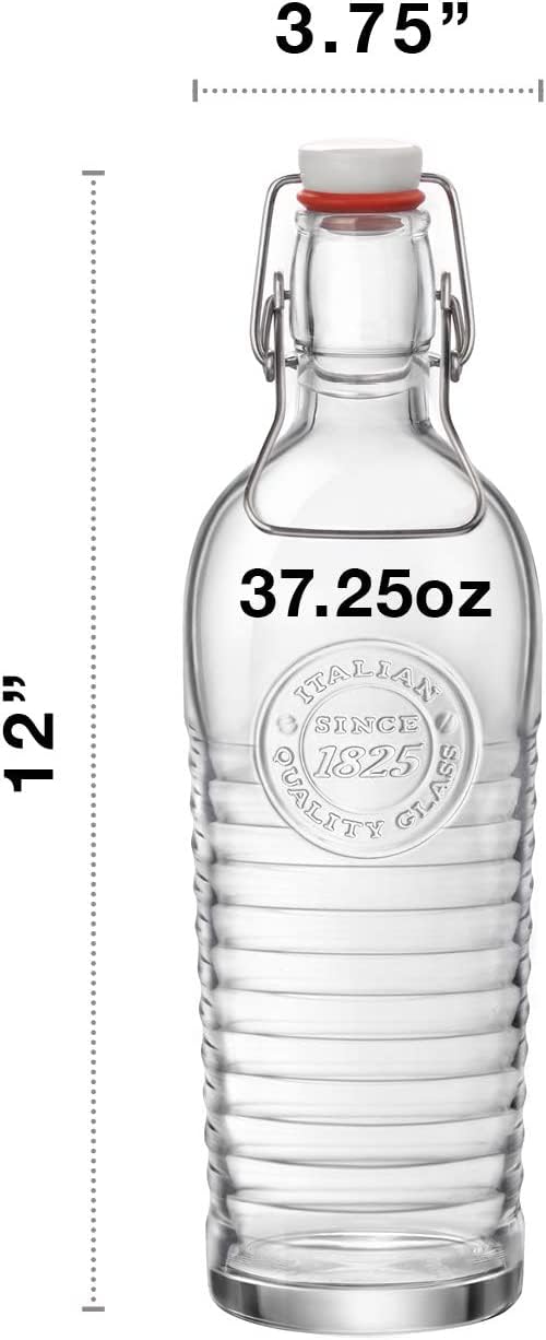 Bormioli Rocco Officina Water Bottle | 37.25oz, Italian Glass Pitcher | Airtight Seal & Metal Clamp | Easy-To-Carry Handle, Dishwasher Safe, Eco-Friendly | Safe For Infused & Carbonated Drinks