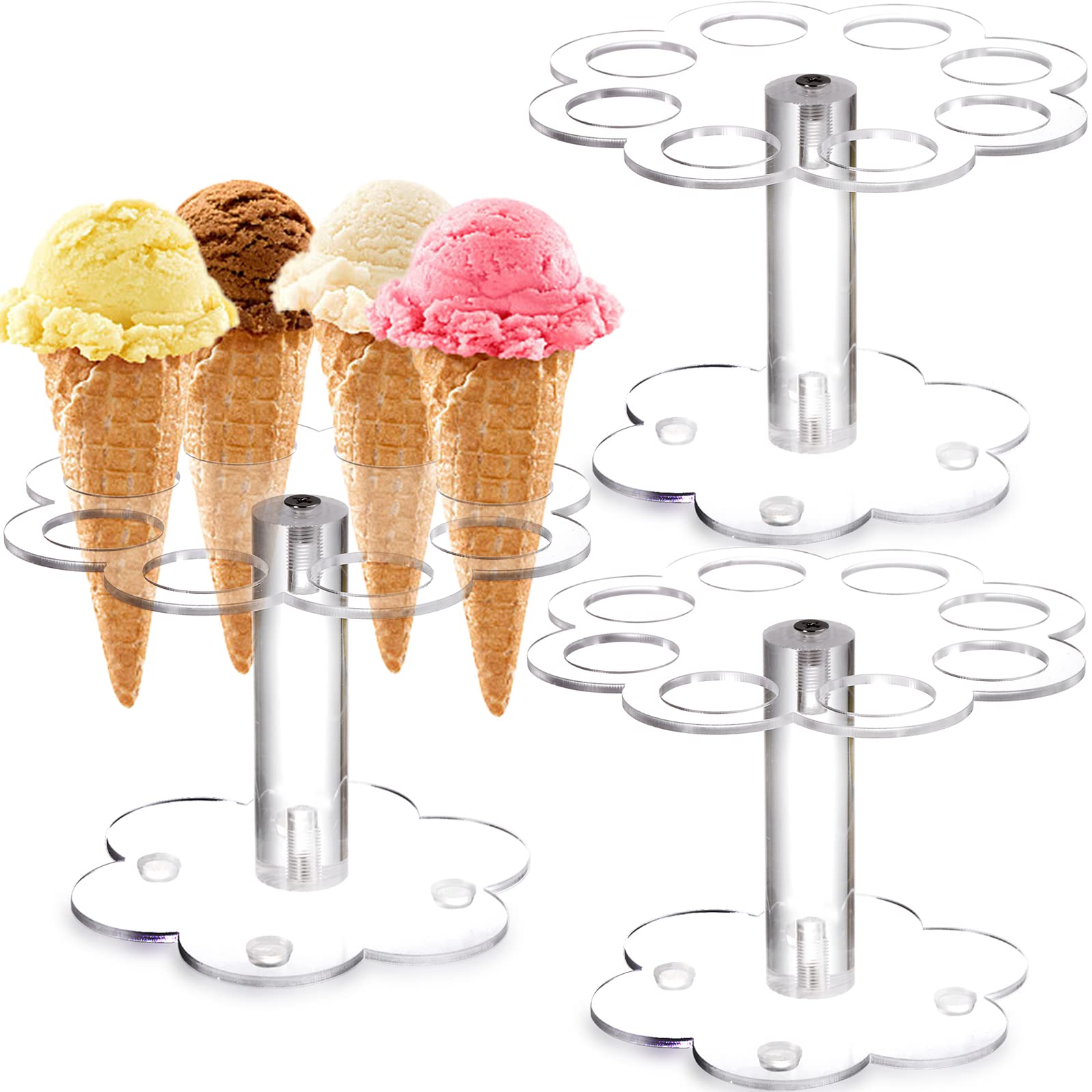 Dicunoy 3 Pack Ice Cream Cone Holder, 8 Holes Acrylic Waffle Cone Display Stand, Circle Hand Roll Sushi Stand Rack with Base for Restaurant, Party, Buffet, Wedding, Birthday