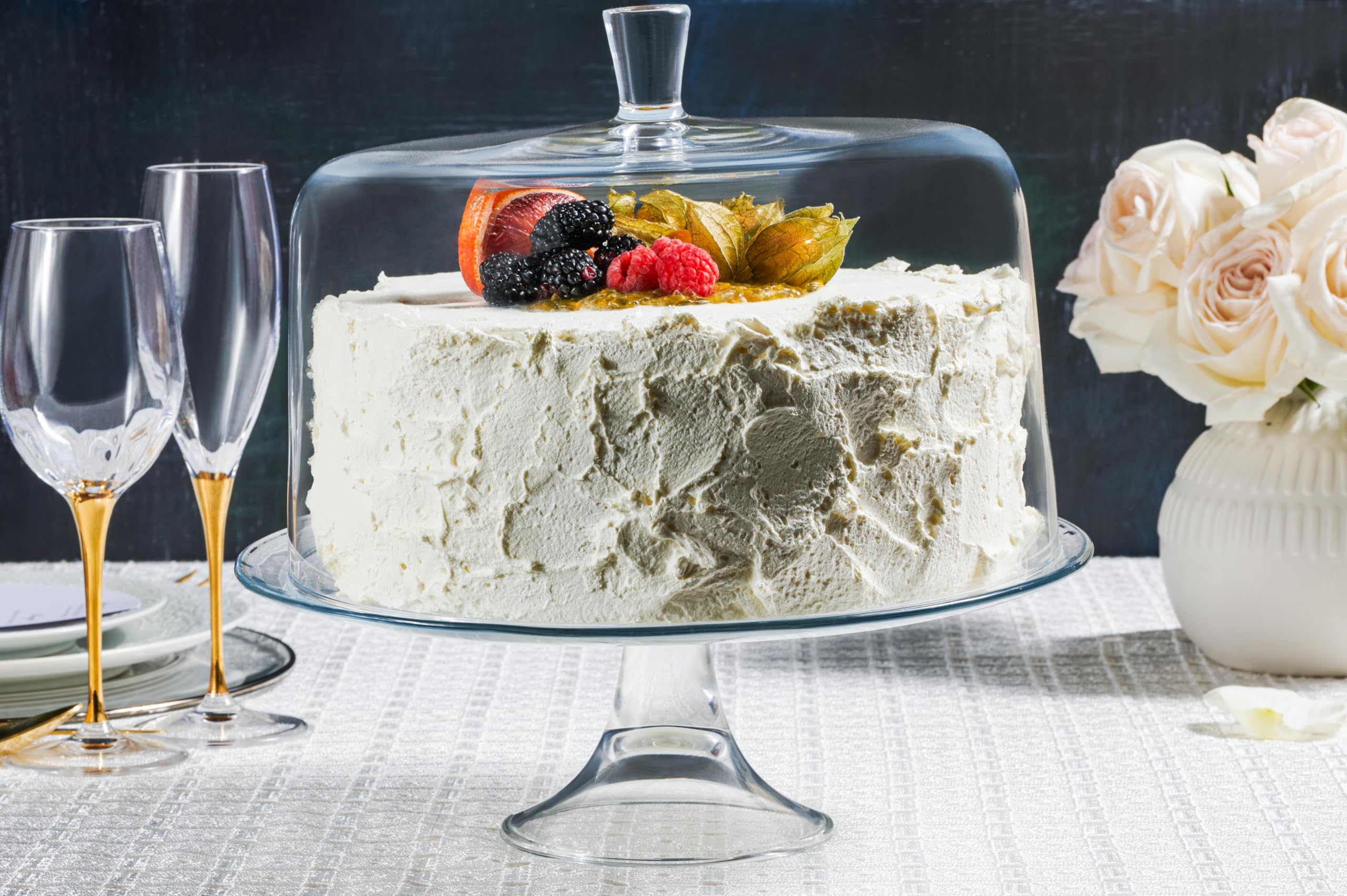 Footed Cake Plate - with Dome - Classic Clear Collection - for Cake - Cheese - Fruit - Plate is 13" Diameter - Dome is 11.5" Diameter - Made in Europe - by Barski