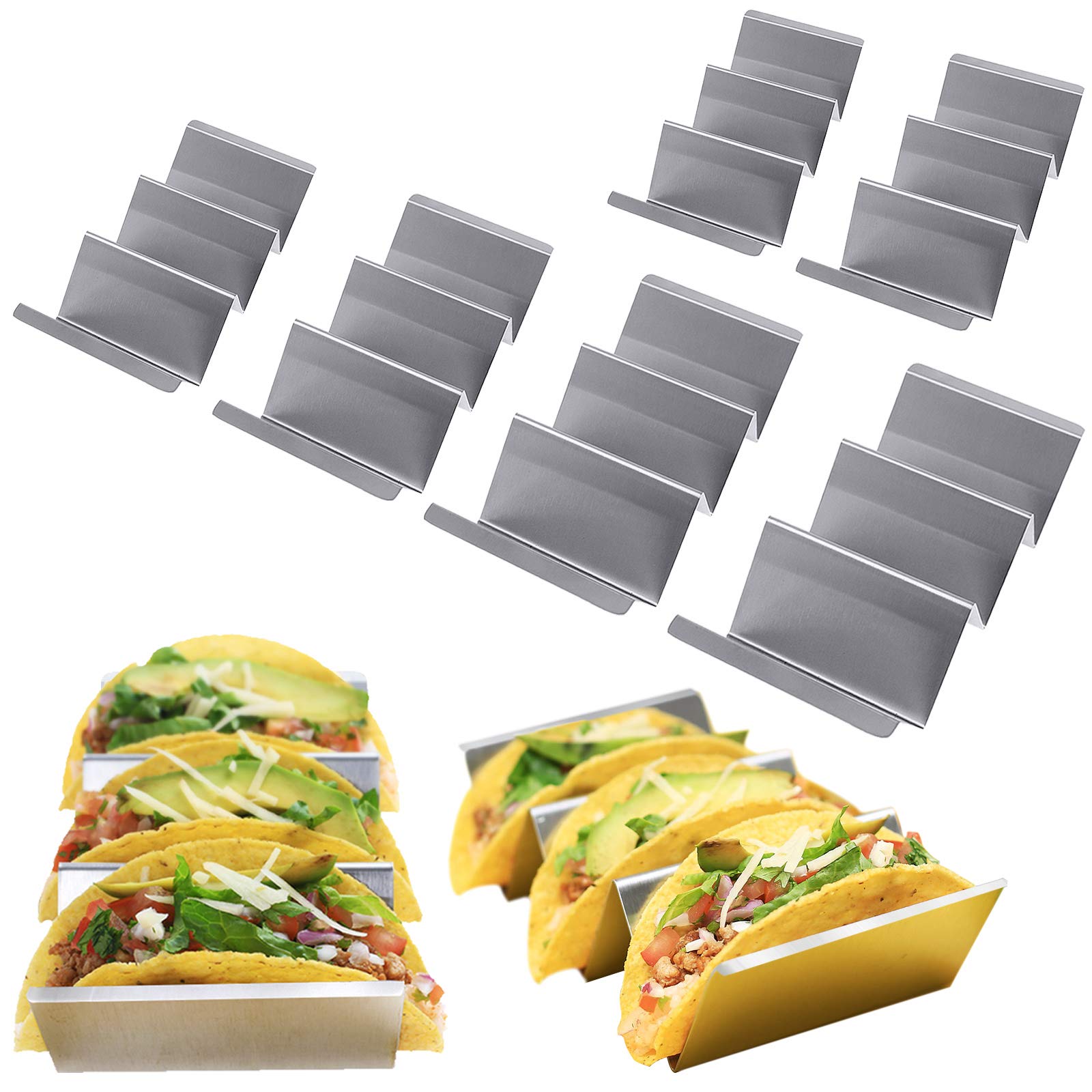 DEELF OUTLET 6 Packs Taco Holder Stand Stainless Steel Metal Taco Shell Holders with Handles Taco Rack Taco Serving Tray Oven and Dishwasher Safe, Set of 6 and Hold up to 18 Taco Shells