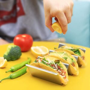 DEELF OUTLET 6 Packs Taco Holder Stand Stainless Steel Metal Taco Shell Holders with Handles Taco Rack Taco Serving Tray Oven and Dishwasher Safe, Set of 6 and Hold up to 18 Taco Shells