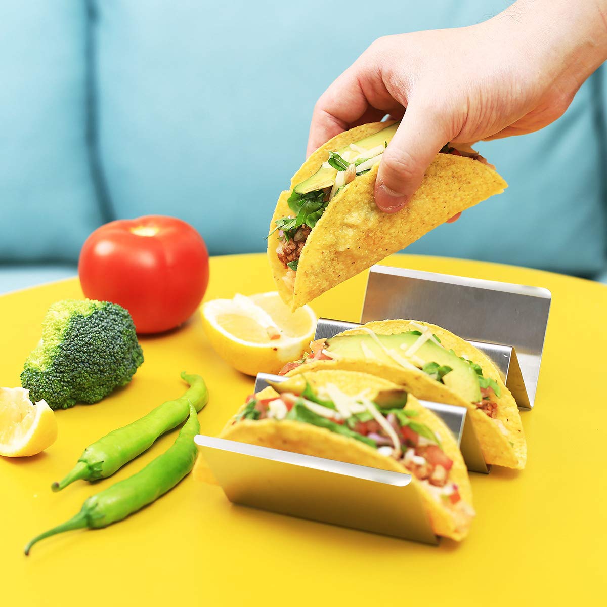 DEELF OUTLET 6 Packs Taco Holder Stand Stainless Steel Metal Taco Shell Holders with Handles Taco Rack Taco Serving Tray Oven and Dishwasher Safe, Set of 6 and Hold up to 18 Taco Shells