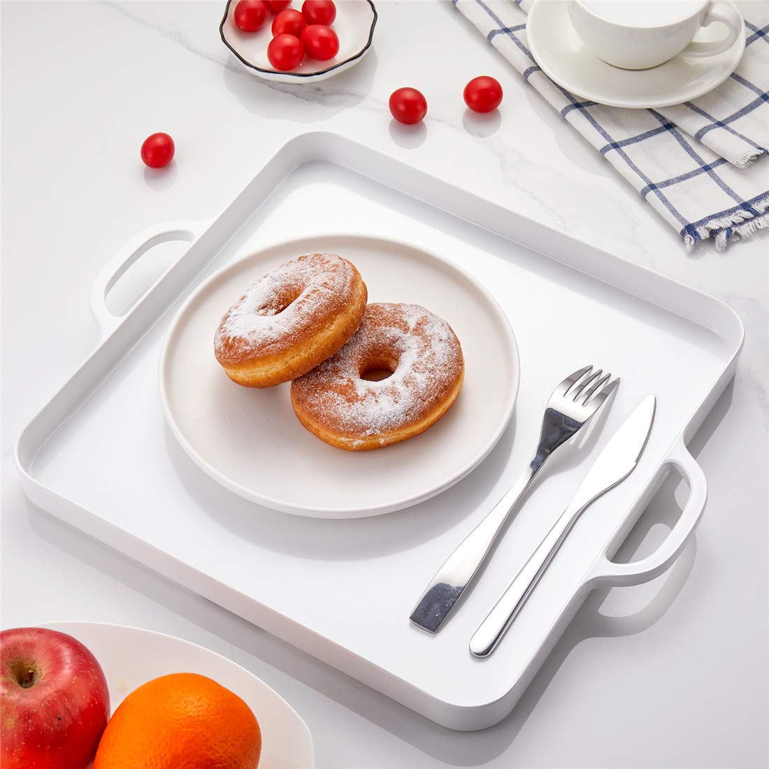 HSDT Square Serving Trays with Handles Melamine White 12.5x12.5 Inch Spill Proof Kitchen Eating Trays Set of 2 for Cafeteria Cafe Food Appeizer Dessert Snack Dinner Lunch Breakfast,TR14-02