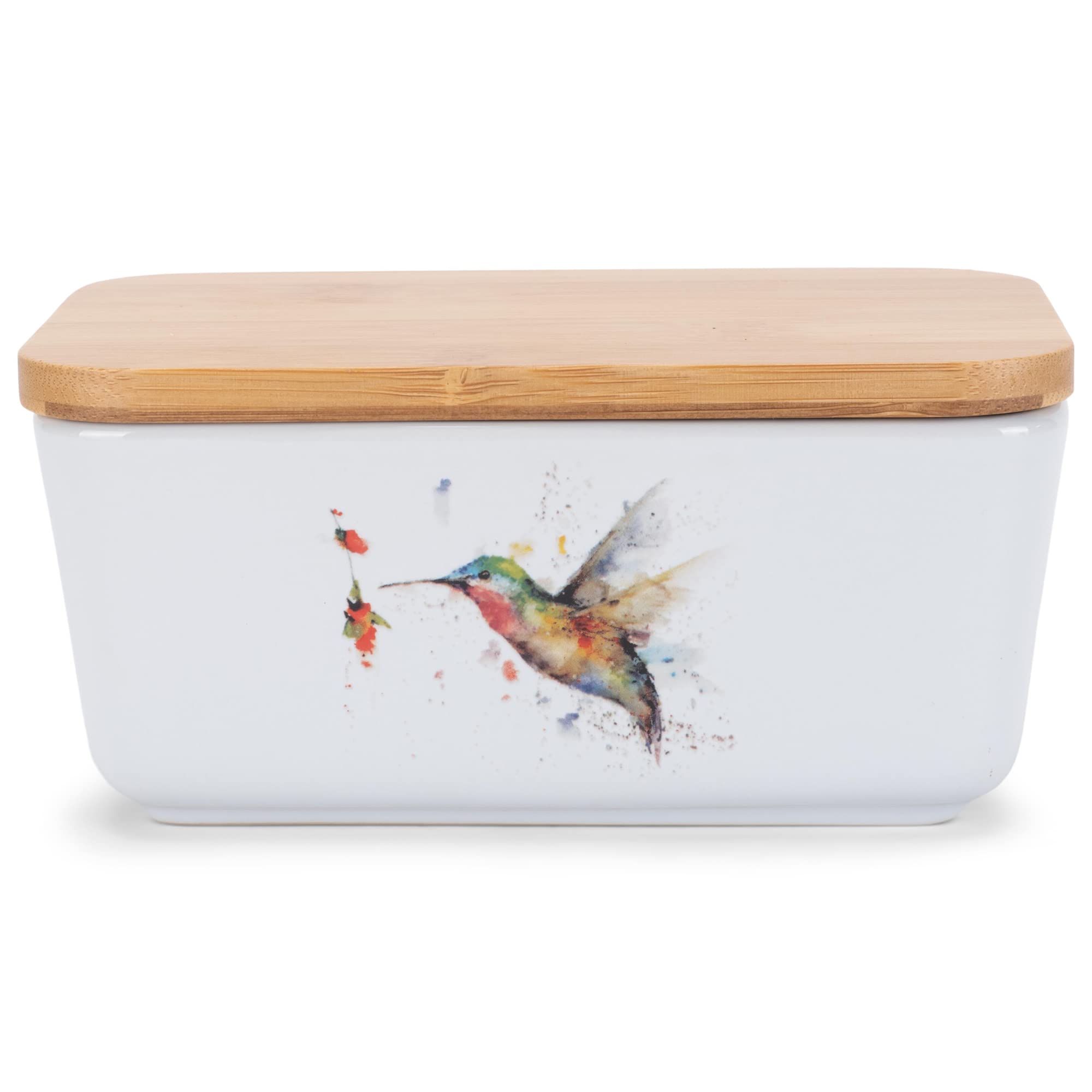 Nat & Jules Dean Crouser Ceramic Stoneware 1/2 Pound 2 Sticks Butter Dish Airtight Bamboo Lid Kitchen Accessory, Container Holder, Refrigerator Storage, Countertop Organization, Watercolor Hummingbird