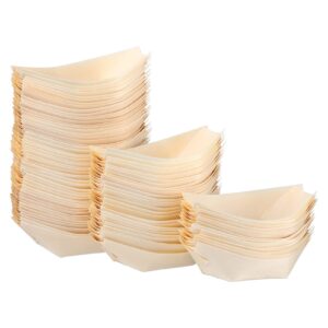 doitool 100 pack disposable wood boat plates dishes, appetizer sushi boats wooden boat serving tray for restaurants, caterers and food trucks (3.3l×2.3w×1.2h)
