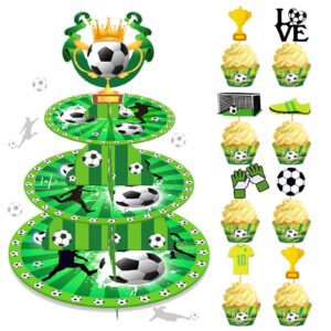 25 pcs soccer cupcake stand 3-tier and soccer cupcake topper set, fiesec soccer theme party supplies cardboard dessert tower holder round serving stand holder sports ball
