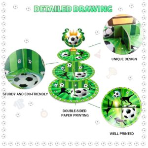 25 PCs Soccer Cupcake Stand 3-Tier and Soccer Cupcake Topper Set, Fiesec Soccer Theme Party Supplies Cardboard Dessert Tower Holder Round Serving Stand Holder Sports Ball