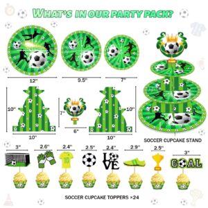 25 PCs Soccer Cupcake Stand 3-Tier and Soccer Cupcake Topper Set, Fiesec Soccer Theme Party Supplies Cardboard Dessert Tower Holder Round Serving Stand Holder Sports Ball