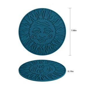 3 Pcs Trivets for Hot Dishes, Sun and Moon Double-Sided Design, Kitchen Heat Resistant Silicone Trivet, Extra Thick, Large, Non Slip (4. Dark Cyan)