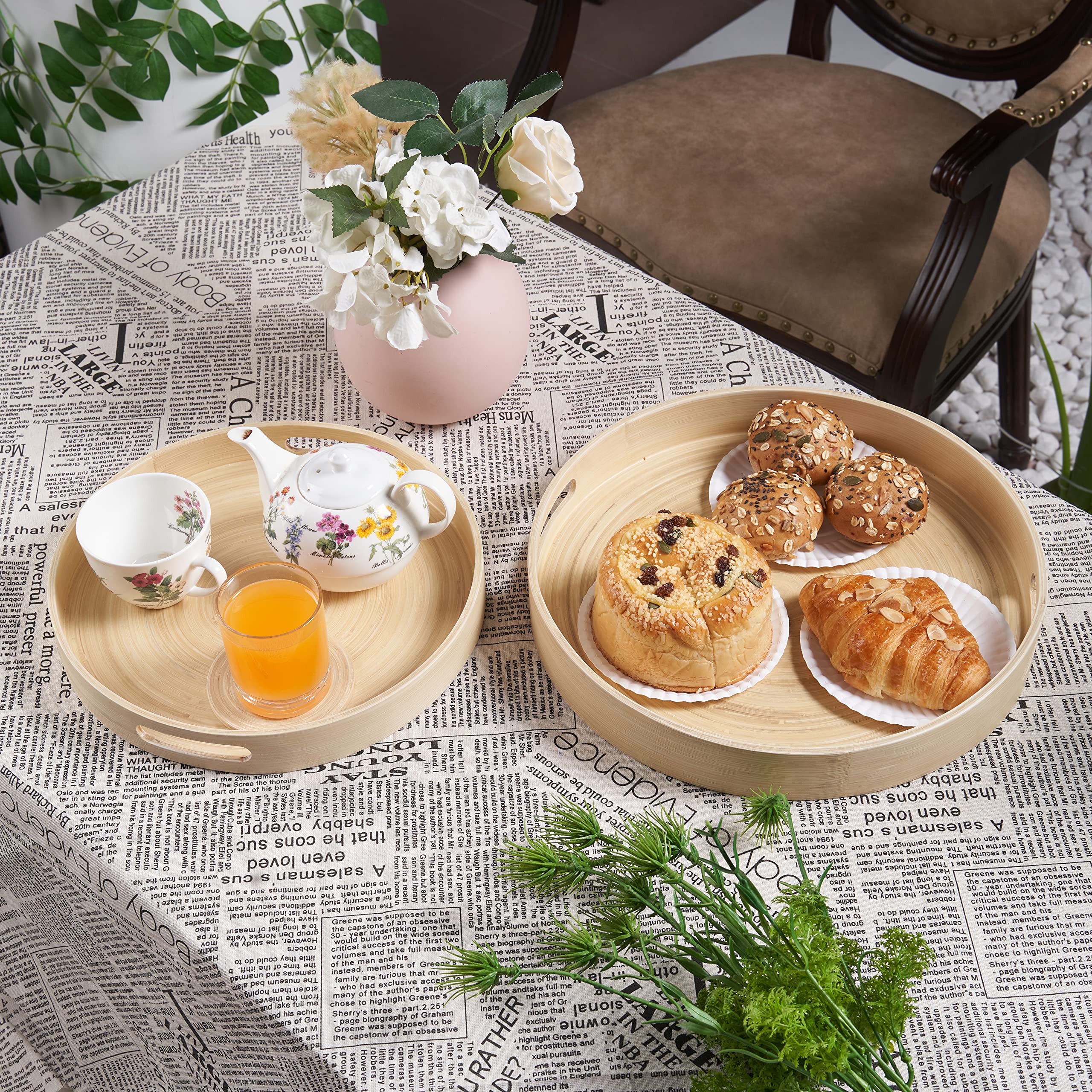 Bamboo Serving Tray with Handles Set of 2, Round Shallow Bamboo Tray, Natural Bamboo Wood Decorative Rustic Trays for Coffee Table, Tea, Food, Cocktail, Drink, Ottoman, Breakfast Party (Natural)