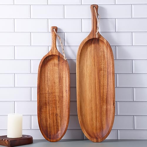 Set of 2 Acacia Wood Serving Trays,Oval Long Wooden Tray Plates for Serving Food,House Warming Gifts New Home Decor,Handmade Snack Board Bread Sushi Fruit Trays for Party