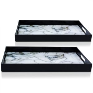 bowmani large ottoman tray set - faux marble coffee table tray with black accents, 18 x 12 inches