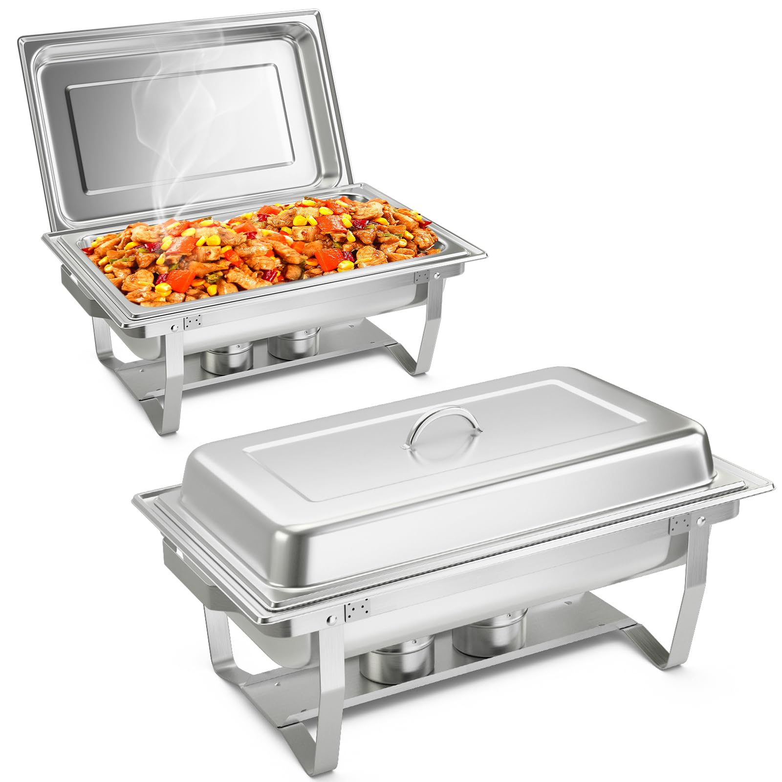 Giantex Chafing Dishes for Buffet, 2 Pack 9 Qt Stainless Steel Buffet Dish Servers, Full Size Food Pan, Water Pan, Fuel Holders, Removable Lid, Foldable Frame Stand, Warming Trays for Buffets Party