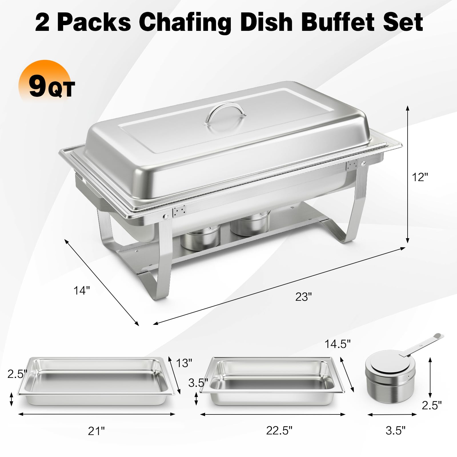 Giantex Chafing Dishes for Buffet, 2 Pack 9 Qt Stainless Steel Buffet Dish Servers, Full Size Food Pan, Water Pan, Fuel Holders, Removable Lid, Foldable Frame Stand, Warming Trays for Buffets Party