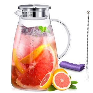 glass pitcher with lid 68oz water jug pitcher stainless steel iced tea carafe pitcher drip-free heat resistant borosilicate glass for juice milk coffee wine cold & hot beverage with beverage stirrer