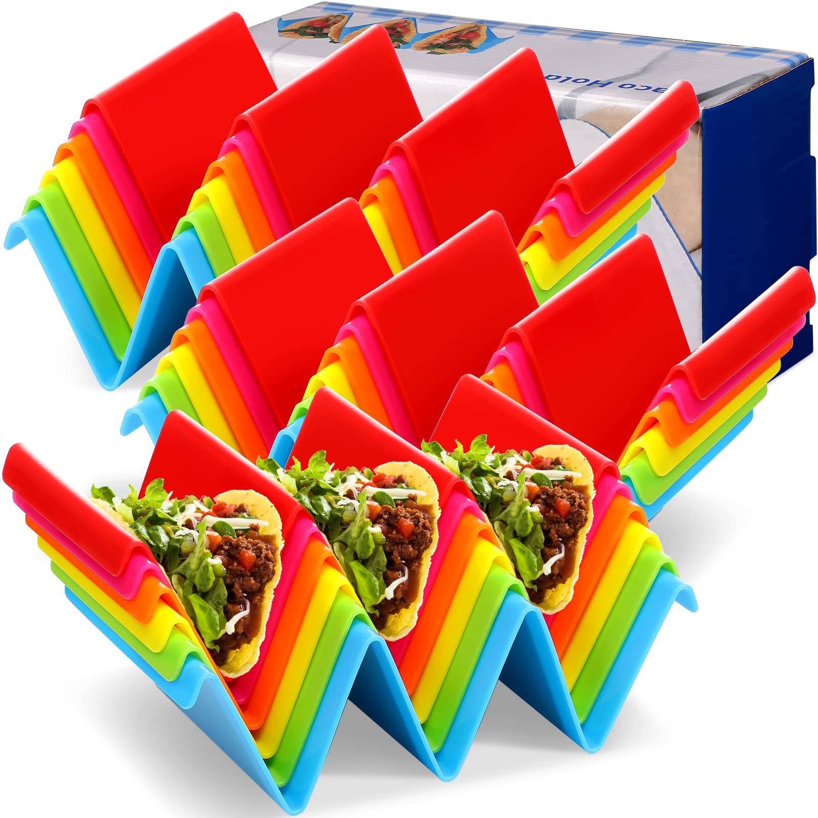 18 Pcs Taco Holders Stand Colorful Taco Trays Plates and Rack for Soft or Hard Taco Shells Pp Health Material Very Hard and Sturdy, Dishwasher & Microwave Safe