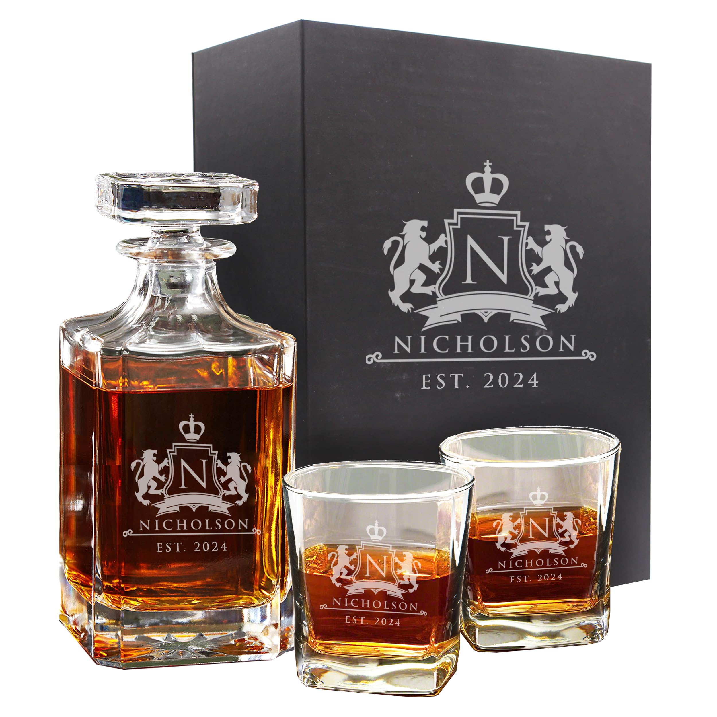 The Wedding Party Store, Customized Whiskey Decanter and Glasses Set - Custom Engraved and Personalized with Lion Design