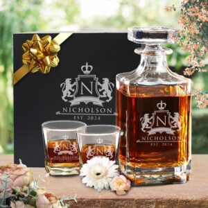 The Wedding Party Store, Customized Whiskey Decanter and Glasses Set - Custom Engraved and Personalized with Lion Design