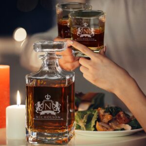 The Wedding Party Store, Customized Whiskey Decanter and Glasses Set - Custom Engraved and Personalized with Lion Design