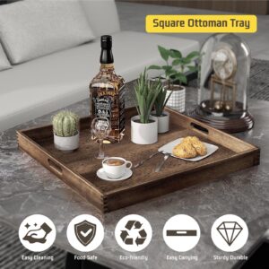 Nunemosk 24”x24” Extra Large Square Black Walnut Wood Ottoman Tray with Handles, Serve Tea, Coffee or Breakfast in Bed, Including 4 Walnut Coasters