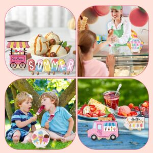 11 Pcs Ice Cream Party Tiered Tray Decor Ice Cream Party Decorations Supplies Wooden Signs for Summer Home Summer Farmhouse Cream Tiered Tray Decor (Ice Cream Style)